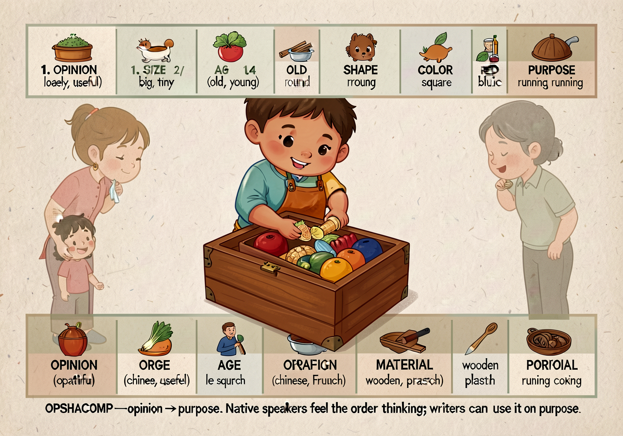 OPSHACOMP adjective-order anchor: a horizontal 8-column strip with order positions and example adjectives. 1. OPINION (l