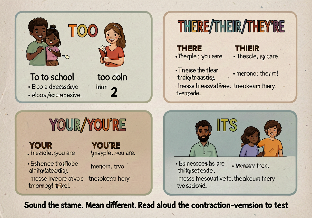 Confused-words anchor (4 quadrants): TO/TOO/TWO (top left): TO = direction ('to school'); TOO = also/excessive ('too col