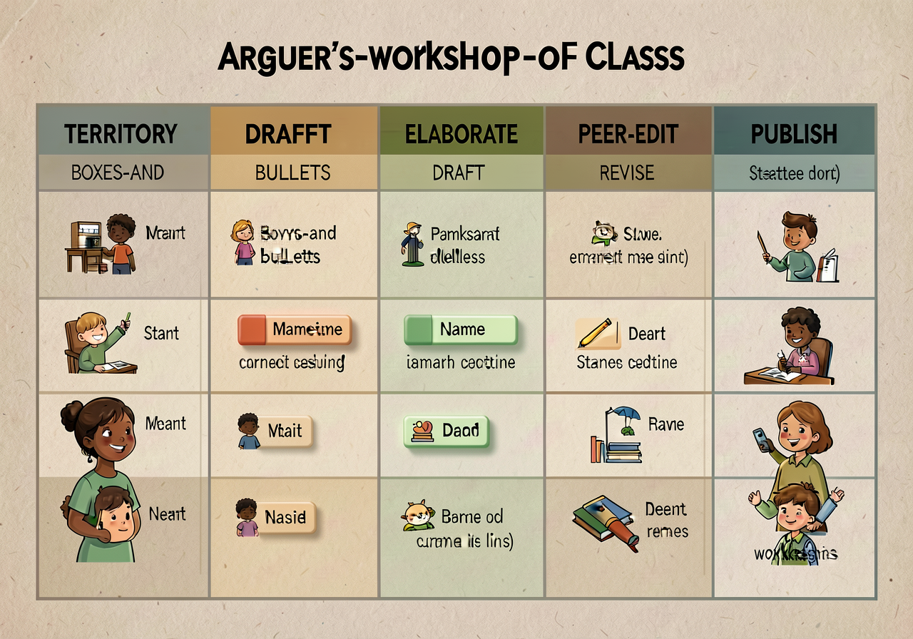 Arguer's-workshop status-of-class wall chart: 7-column grid TERRITORY | BOXES-AND-BULLETS | DRAFT | ELABORATE | REVISE |