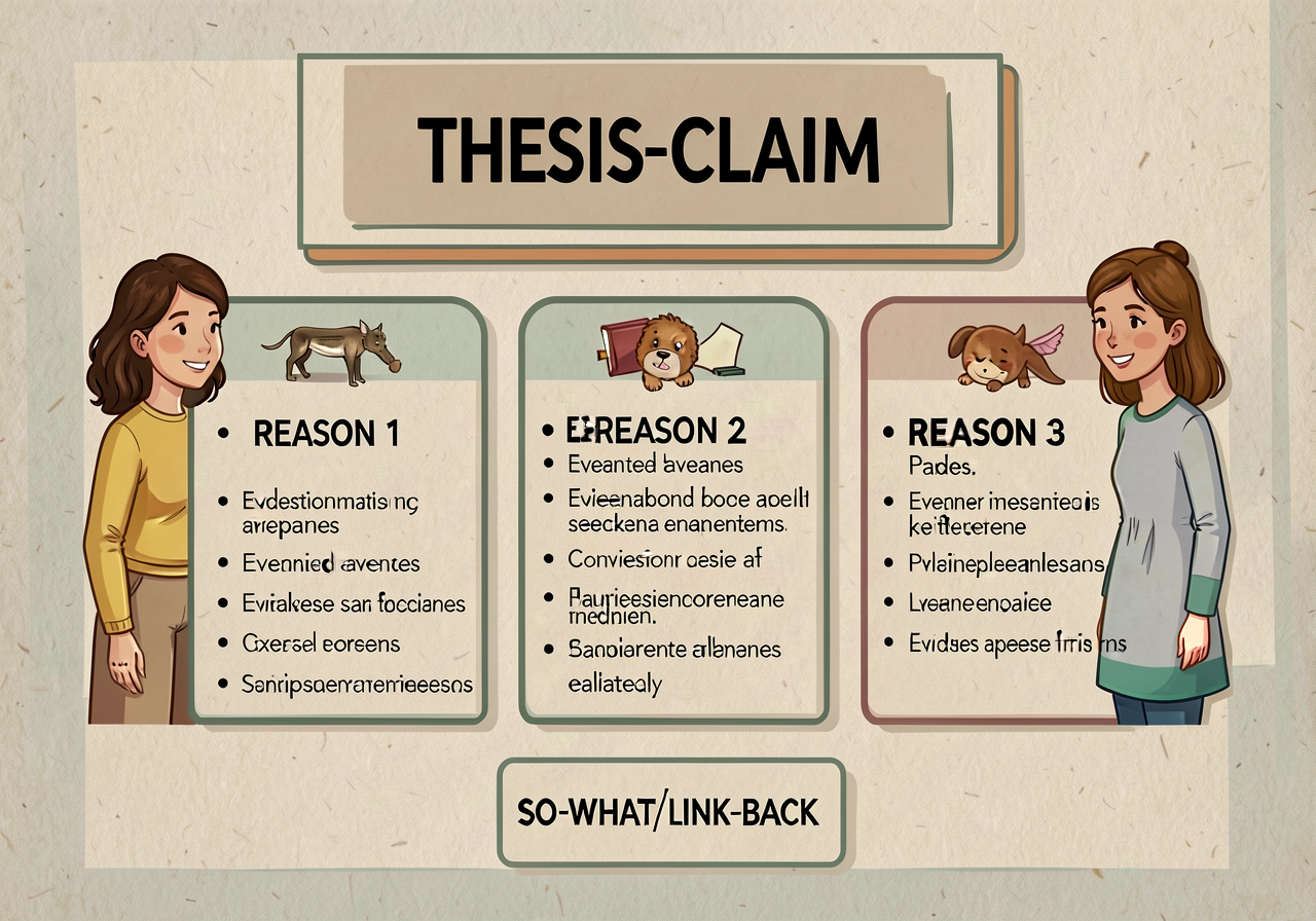 Boxes-and-bullets planner template (Calkins): one large box at top labeled THESIS-CLAIM, three medium boxes below labele
