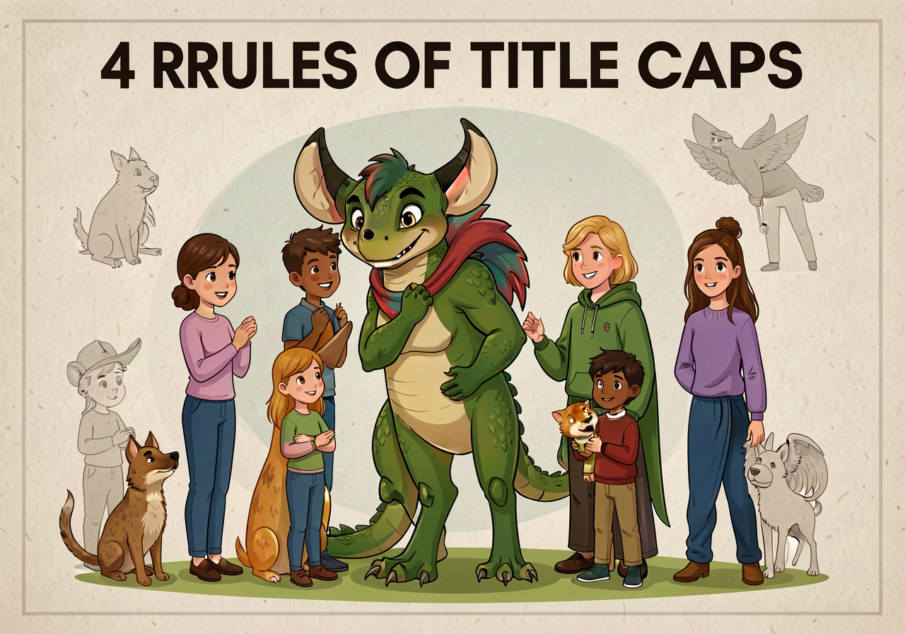 Title-capitalization anchor: '4 RULES OF TITLE CAPS' — 1. Capitalize the FIRST and LAST word ALWAYS. 2. Capitalize all N