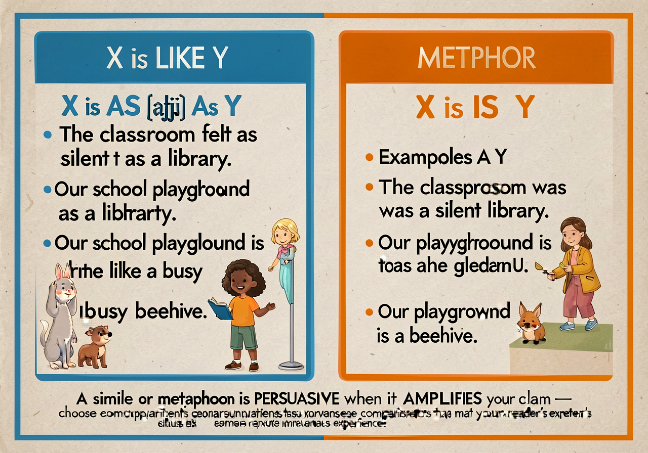 Similes & metaphors anchor: two columns. SIMILE (left, blue border): 'X is LIKE Y' or 'X is AS [adj] AS Y'. Examples: 'T