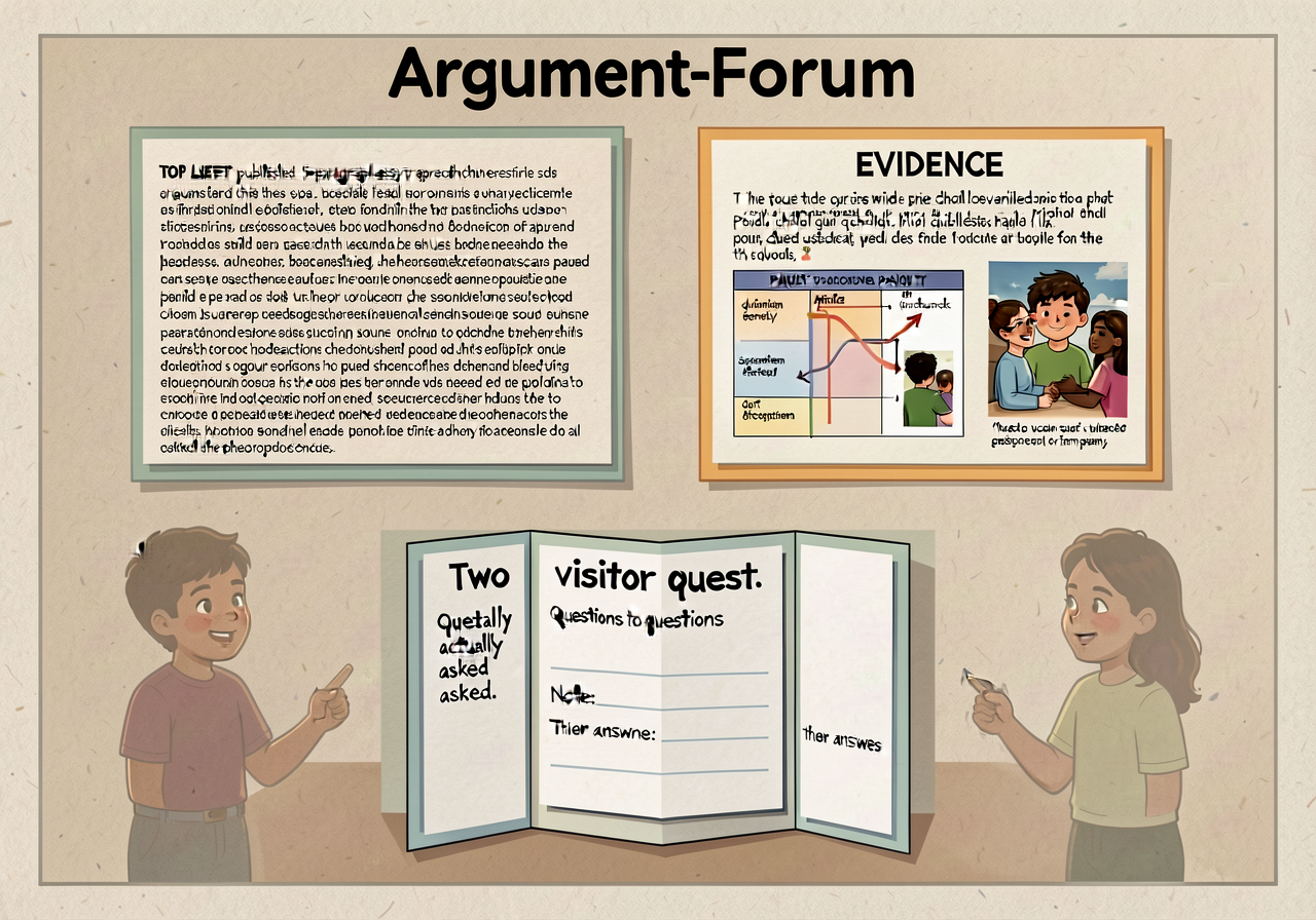 Argument-Forum planning poster: a 3-section card showing the LAYOUT each child uses for the Forum — TOP LEFT: published 