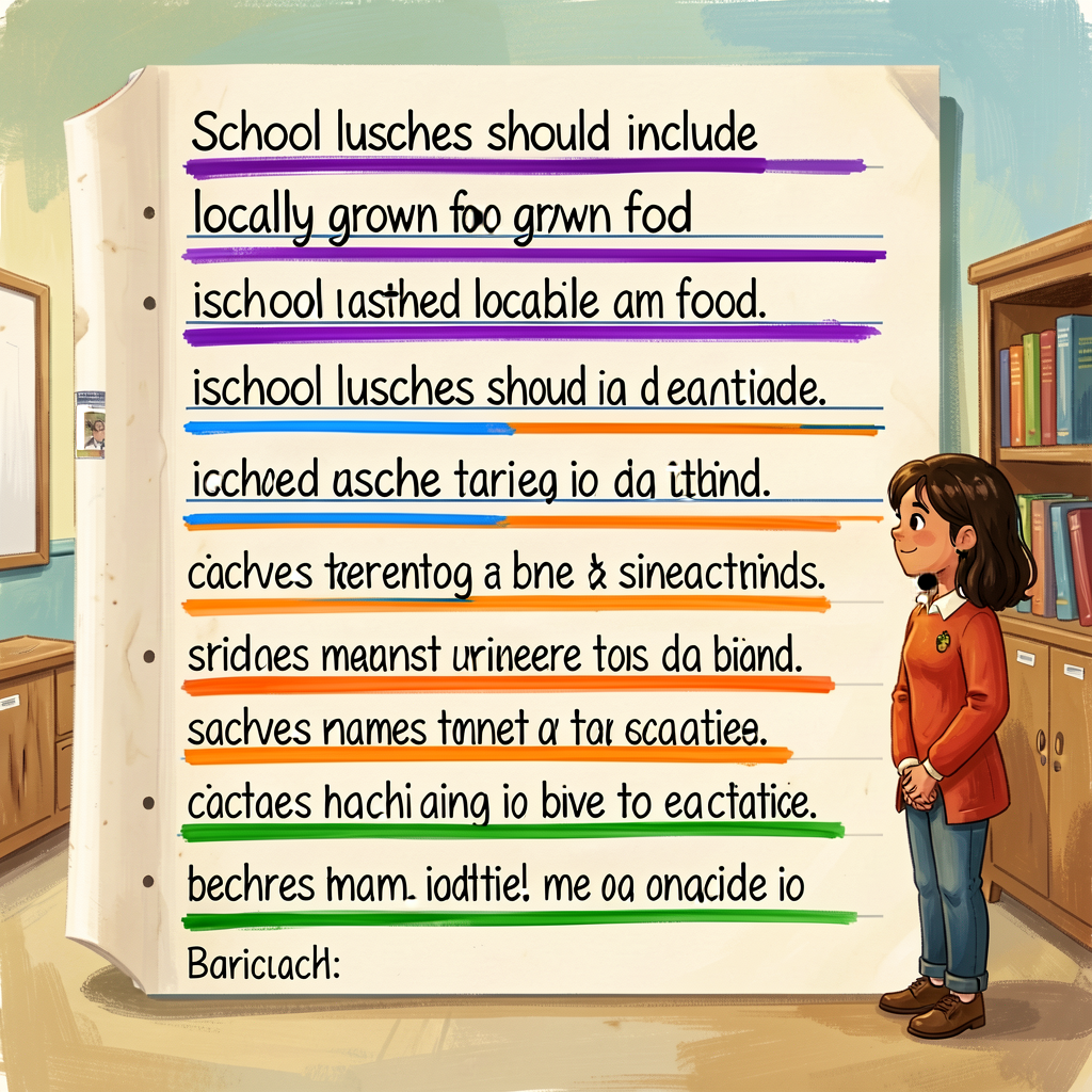 Reference image of a Grade-4 CREEL paragraph (handwritten) on a topic 'school lunches should include locally grown food'