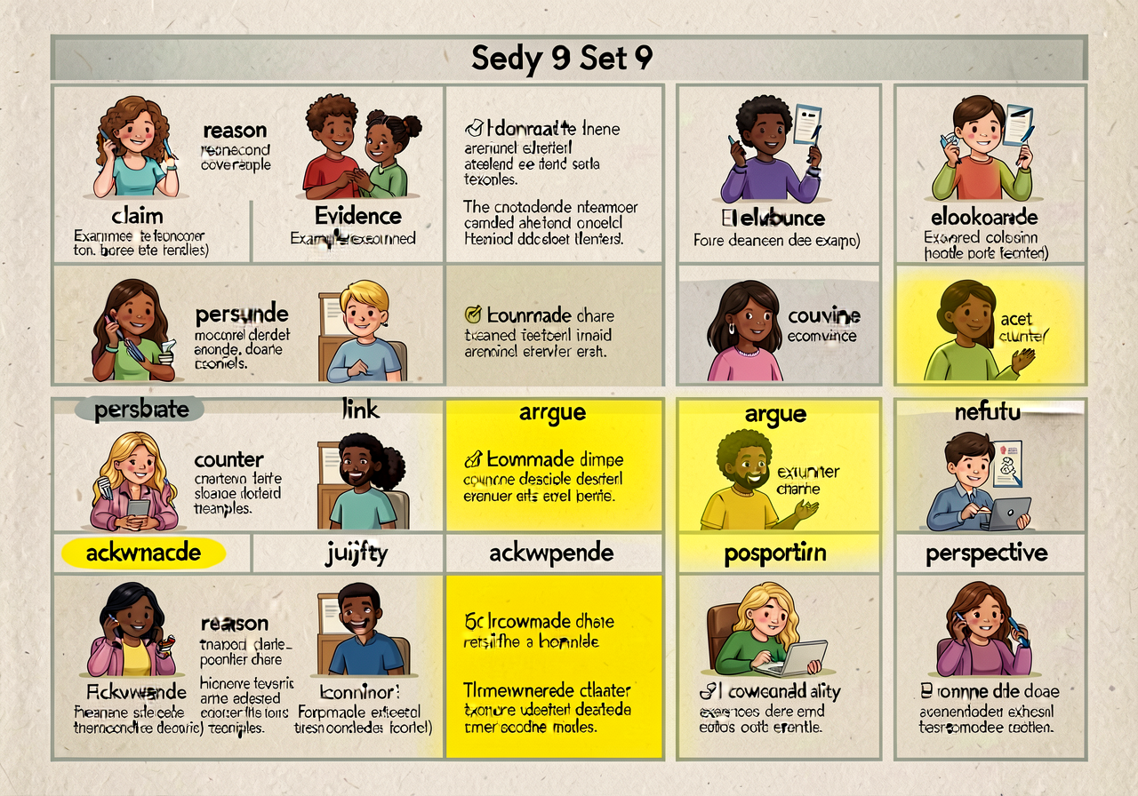 11x17 anchor showing all 15 Set 9 words (claim, reason, evidence, elaborate, link, persuade, convince, argue, counter, a