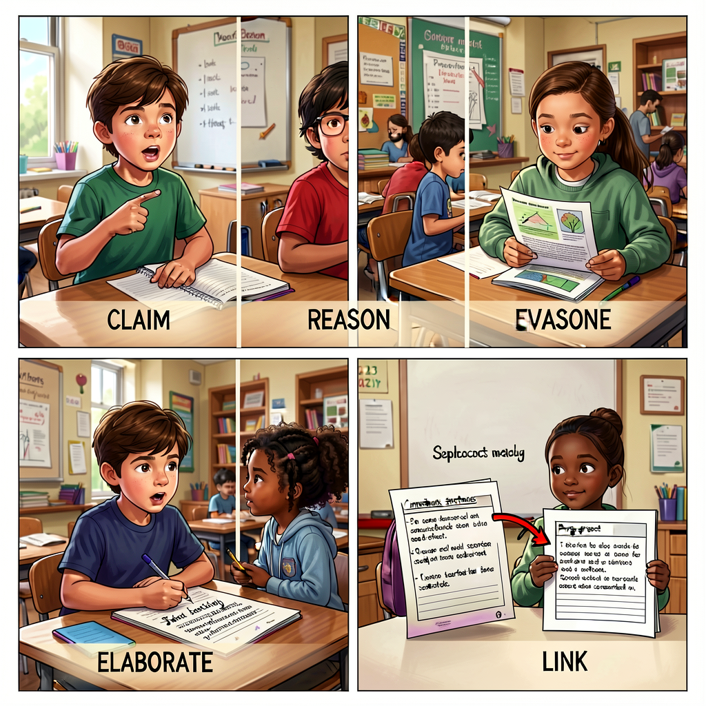 Grid of 5 classroom-context photos showing scenarios that match each word — a student stating a position (CLAIM), a stud