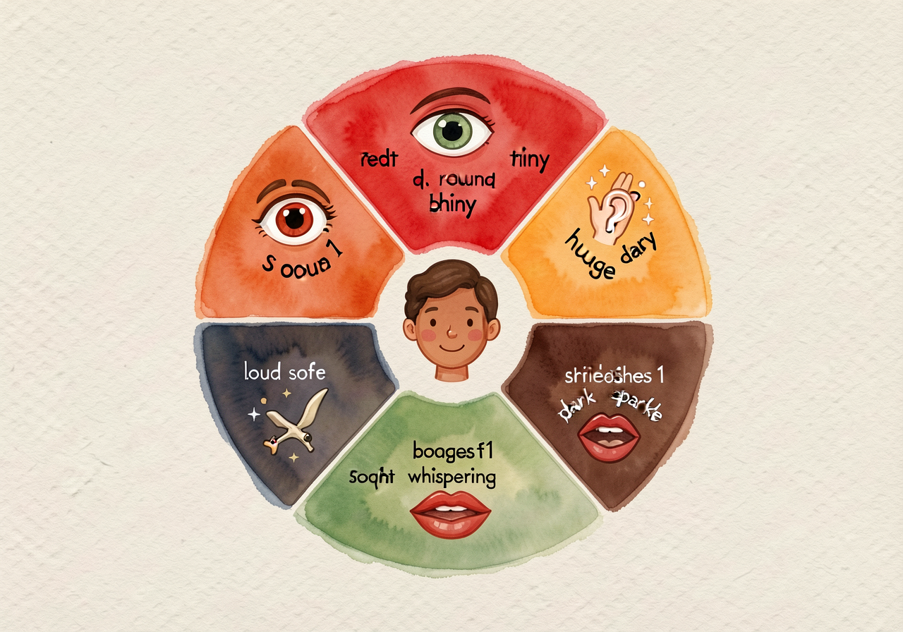Sensory-adjective wheel: five sectors (eye, ear, hand, nose, mouth icons); each sector has 8-10 grade-1 adjectives (sigh