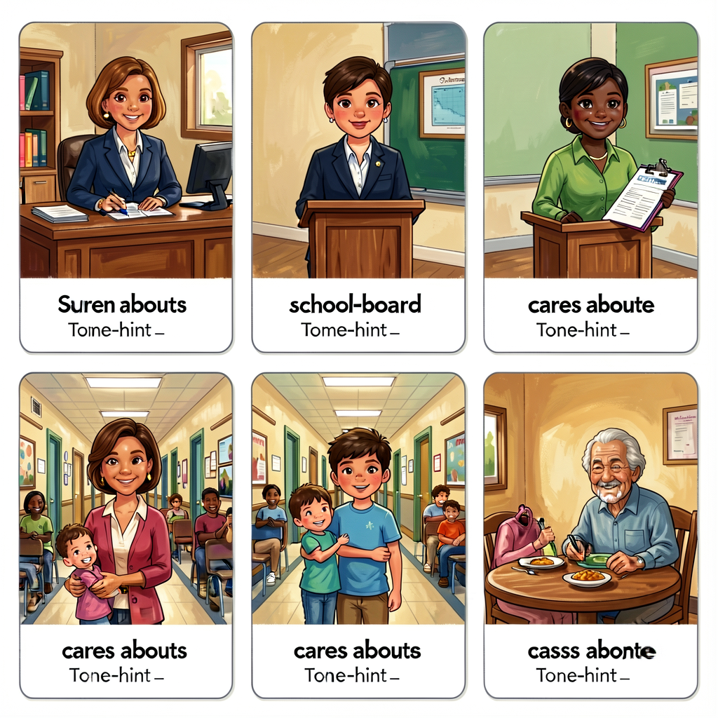 Photo grid of 6 audience-icon cards: principal (with office desk), town-council member (with podium), school-board membe