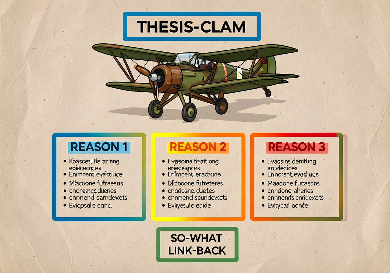 Reproduction of MG-14 at 11x17: one large box at top labeled THESIS-CLAIM, three medium boxes below labeled REASON 1 / R