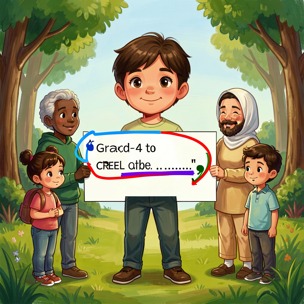 Reference image of a Grade-4 CREEL paragraph with an embedded quotation. Quotation marks circled in blue, comma after at