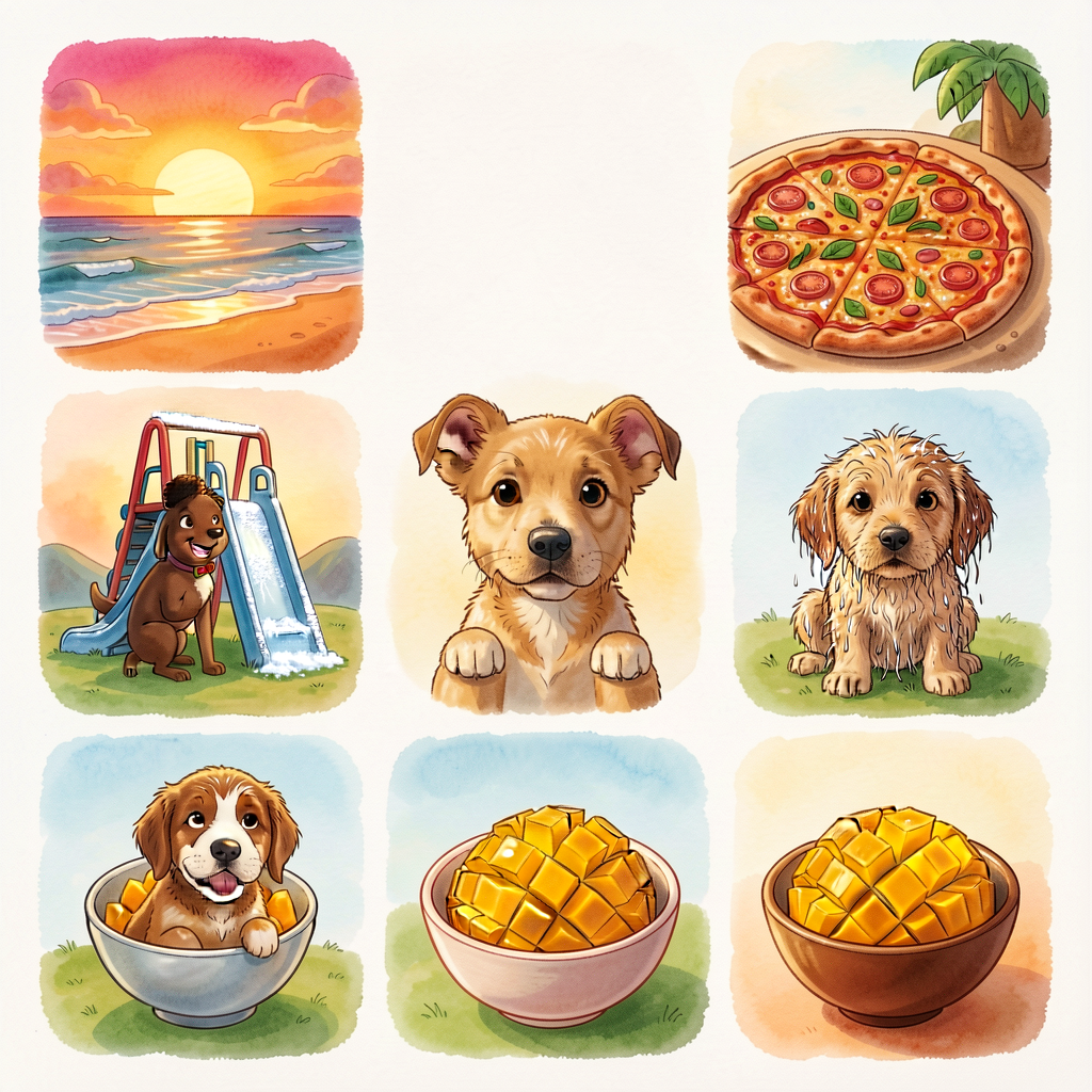Photograph set of 12 high-interest sensory prompts: a beach at sunrise, a fresh pizza, a frosty playground slide, a wet 