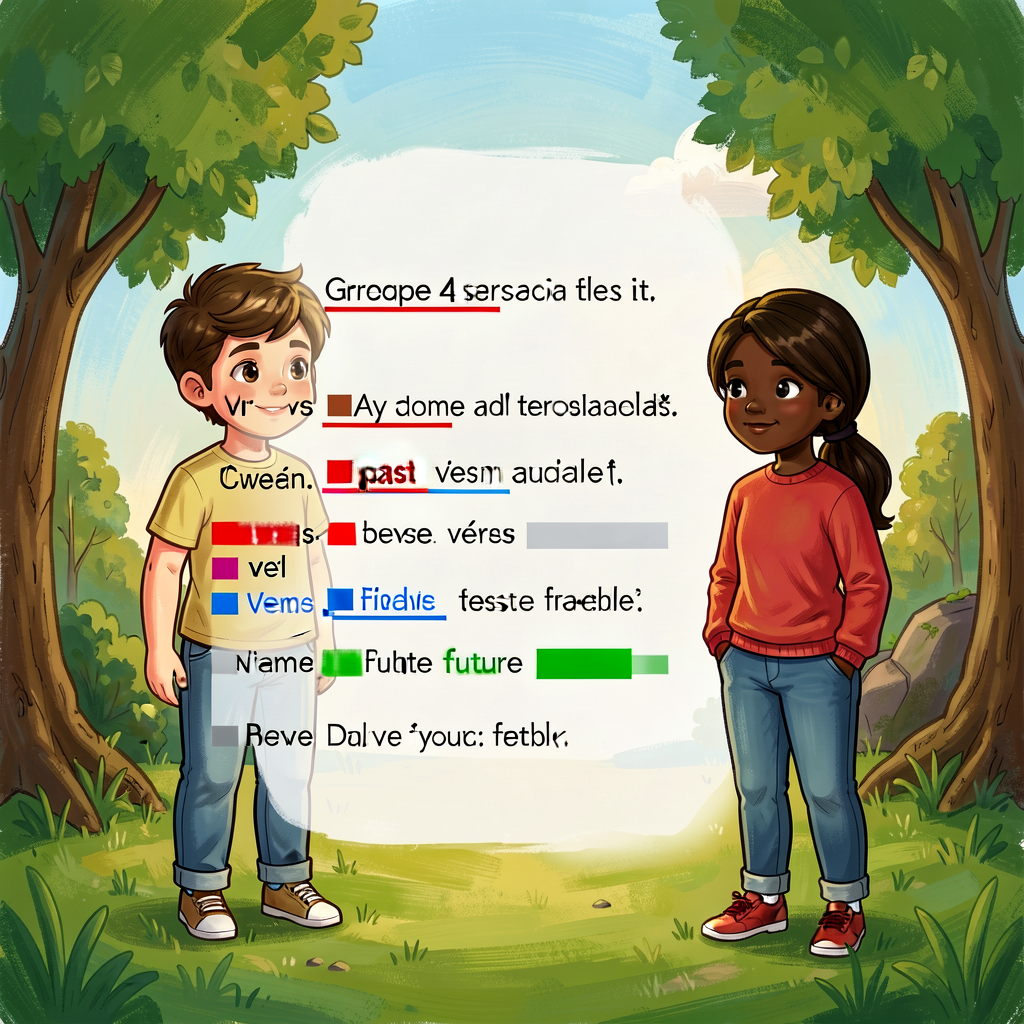 Reference image of a Grade-4 paragraph with progressive verbs underlined and color-flagged by tense (red past, blue pres