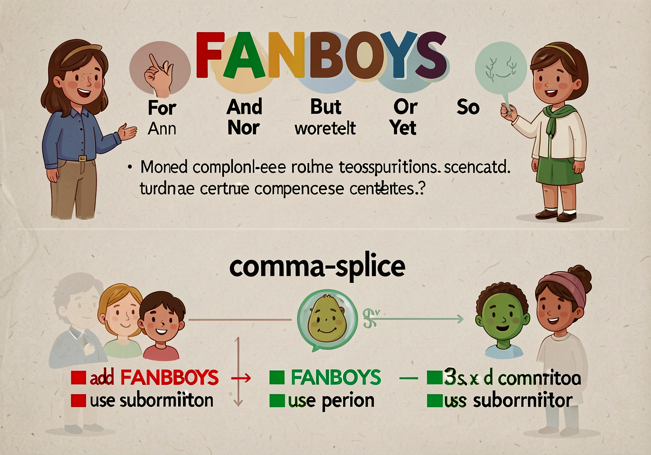 11x17 anchor: top half shows FANBOYS (For, And, Nor, But, Or, Yet, So) with the compound-sentence rule and a worked exam