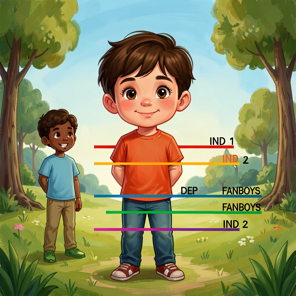 Reference image of a Grade-4 child's compound-complex sentence with each clause underlined in its color and labeled in t