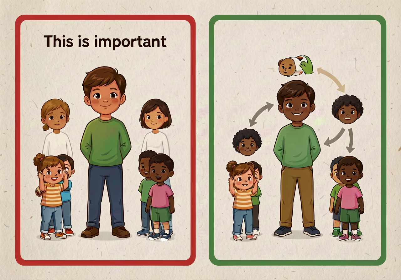 11x17 anchor with two side-by-side panels: LEFT (red border) — weak elaboration with 'this is important' filler; RIGHT (