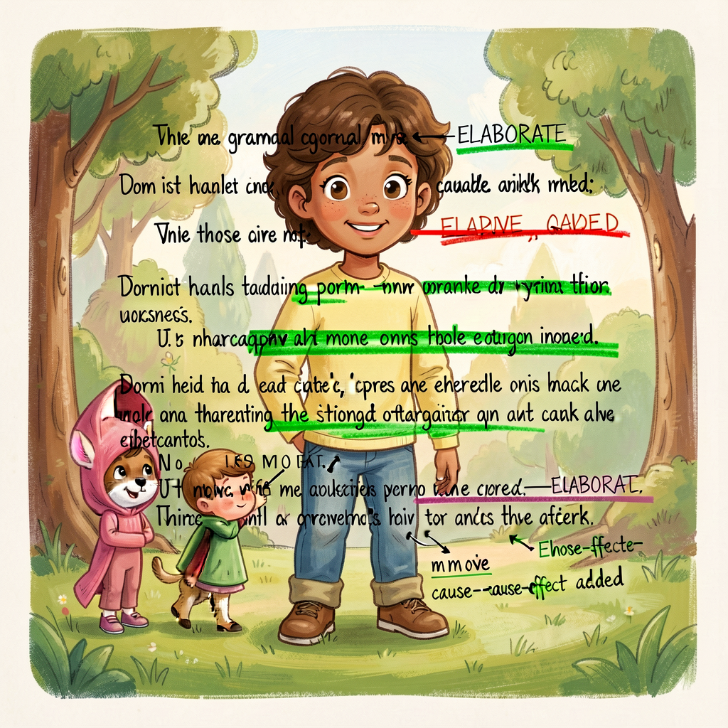 Reference image of a Grade-4 paragraph with original weak elaboration crossed out in red and the revised strong elaborat
