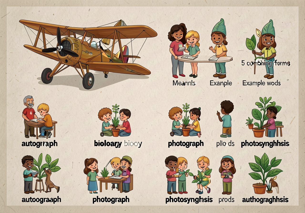 Reproduction of MG-15 at 11x17: 5 combining forms with meaning and example words, plus 6 combinations worked through (au
