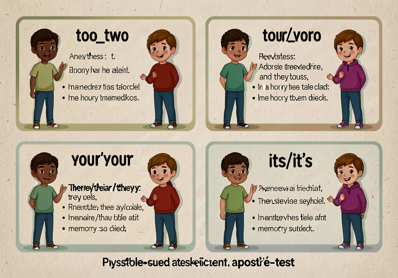 Reproduction of MG-8 at 11x17: 4 quadrants (to/too/two; there/their/they're; your/you're; its/it's) with example sentenc