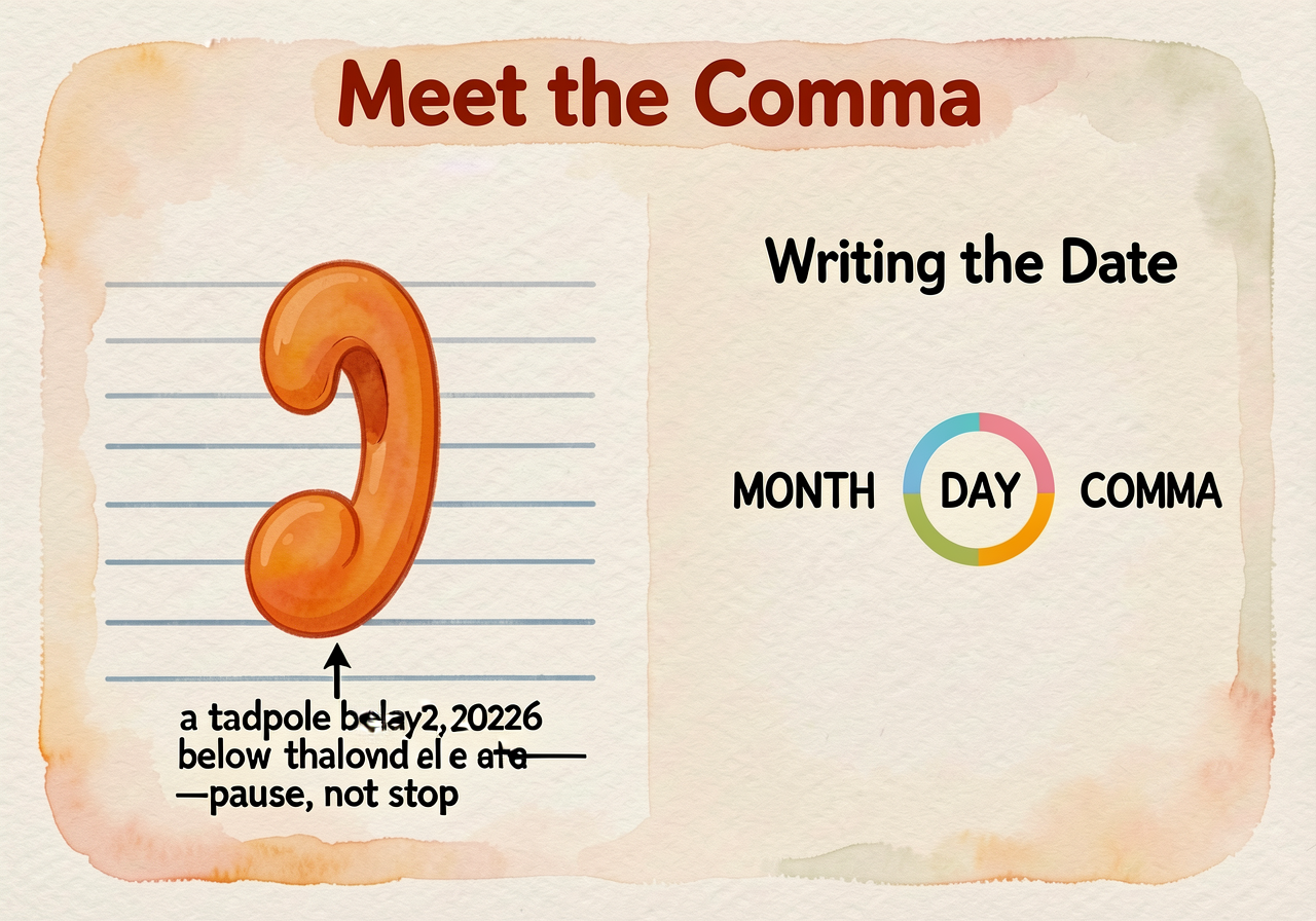 11x17 chart titled 'Meet the Comma'. Left half: enlarged comma sitting under the bottom line of a 3-line paper guide, wi