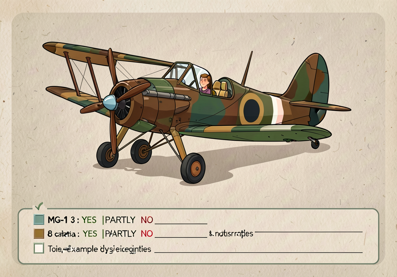 Reproduction of MG-13 at 11x17: 8 criteria with YES/PARTLY/NO checkboxes, notes line, and quote/example space. Print-rea