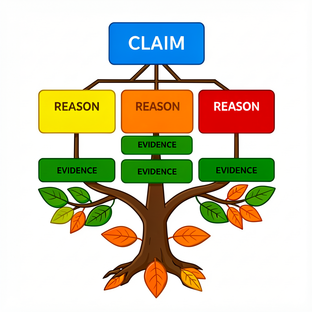 11x17 anchor showing a hierarchical tree: CLAIM box at top in blue; 3 REASON boxes branching below in yellow/orange/red;