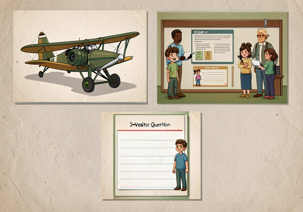 Reproduction of MG-19 at 11x17: 3-section card showing essay (top left), evidence panel (top right), 2-visitor-question 