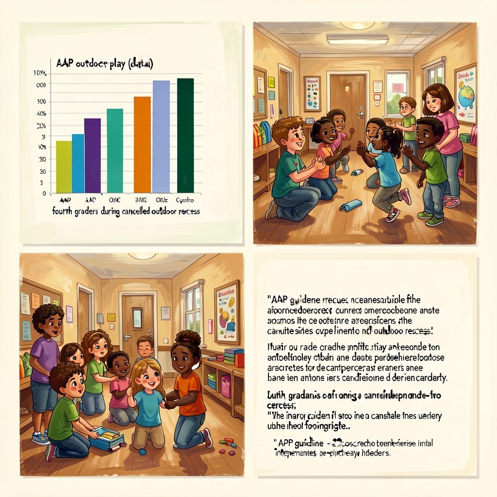 Reference image showing 3 sample evidence panels: (1) bar chart of AAP outdoor-play data, (2) photo of indoor recess wit