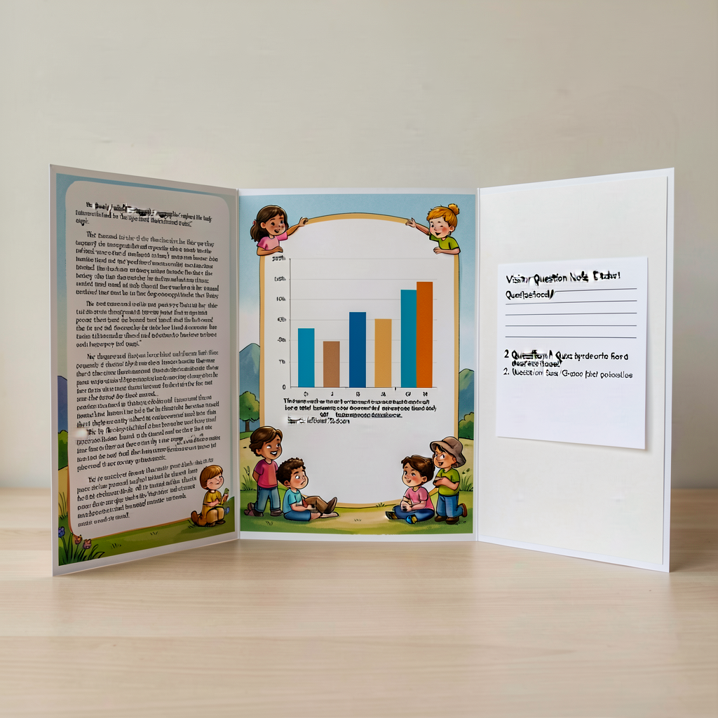 Photo of a fully assembled tri-fold display: left panel — published 5-paragraph essay; center panel — evidence panel (ba