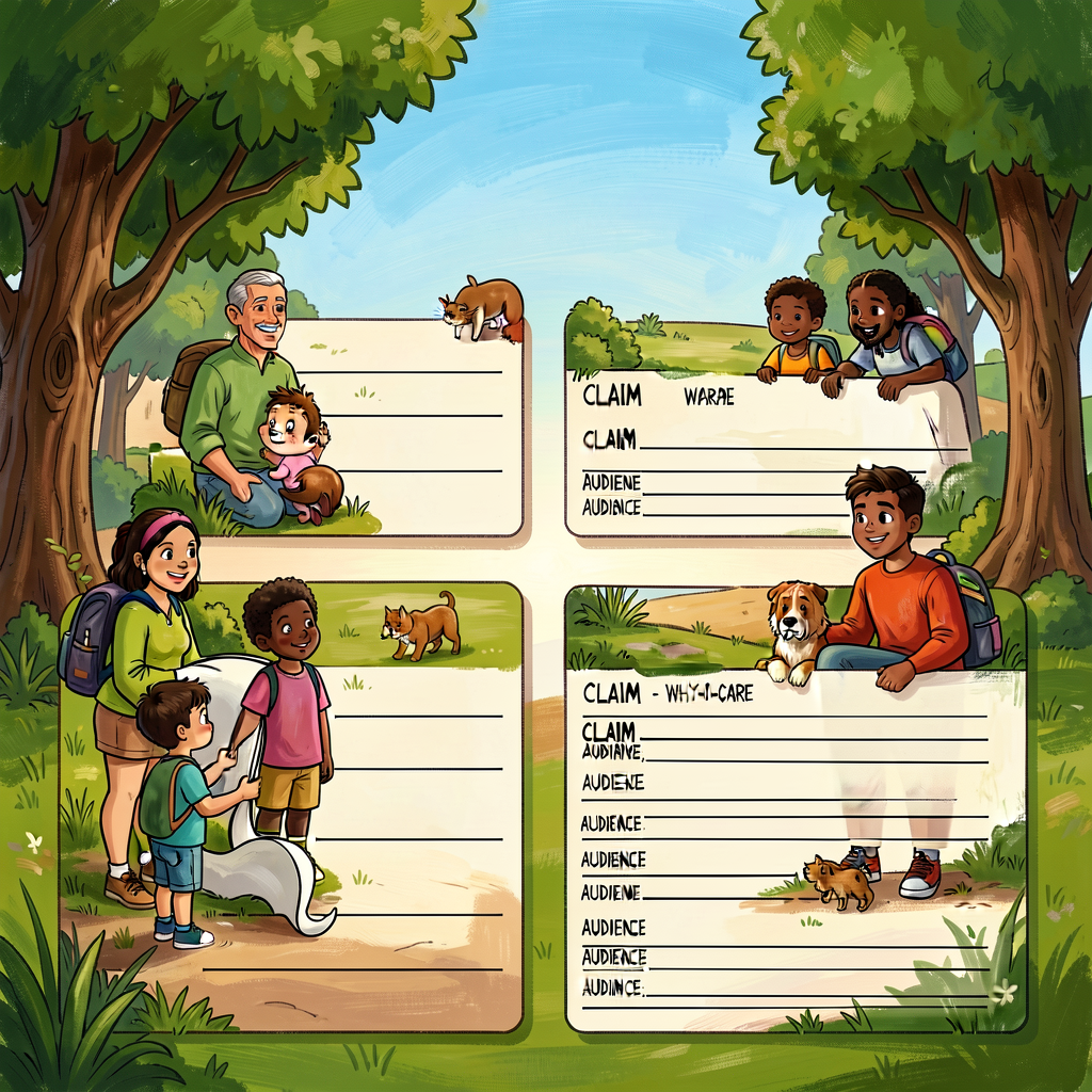 Reference image of a Grade-4 territory inventory showing 4 sample entries with CLAIM / WHY-I-CARE / AUDIENCE lines fille