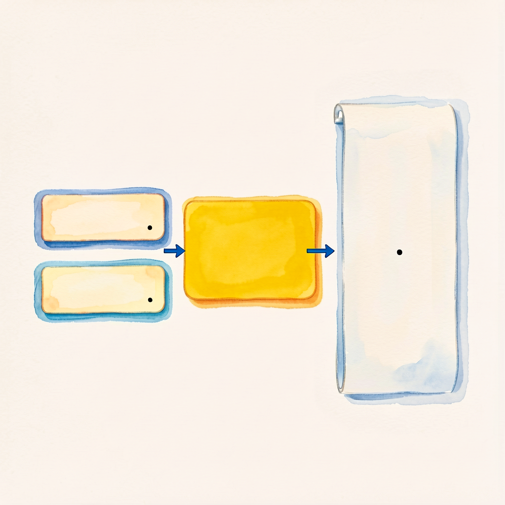Side-by-side illustration. Left: two short paper sentence-strips with a period at the end of each, slightly apart. Middl