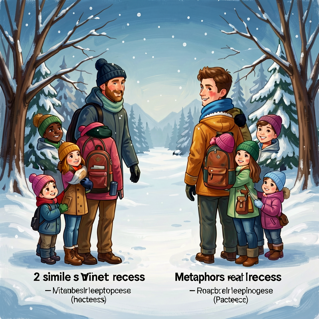 Reference image of 2 similes and 2 metaphors on the topic of winter recess, with shared property labeled below each. Pri