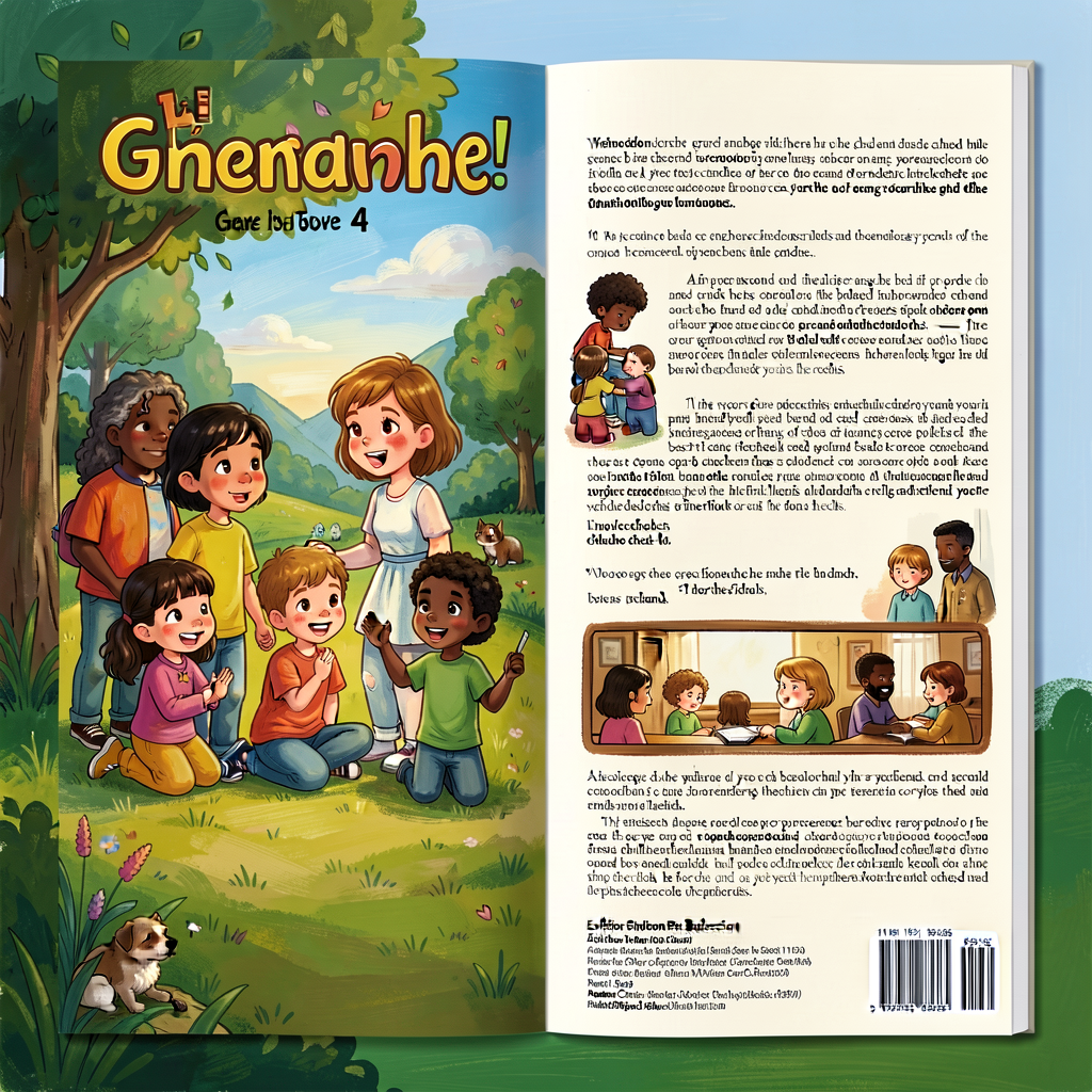 Reference image of a Grade-4 publication booklet — cover, interior 5-paragraph essay, evidence panel, author bio, back-c