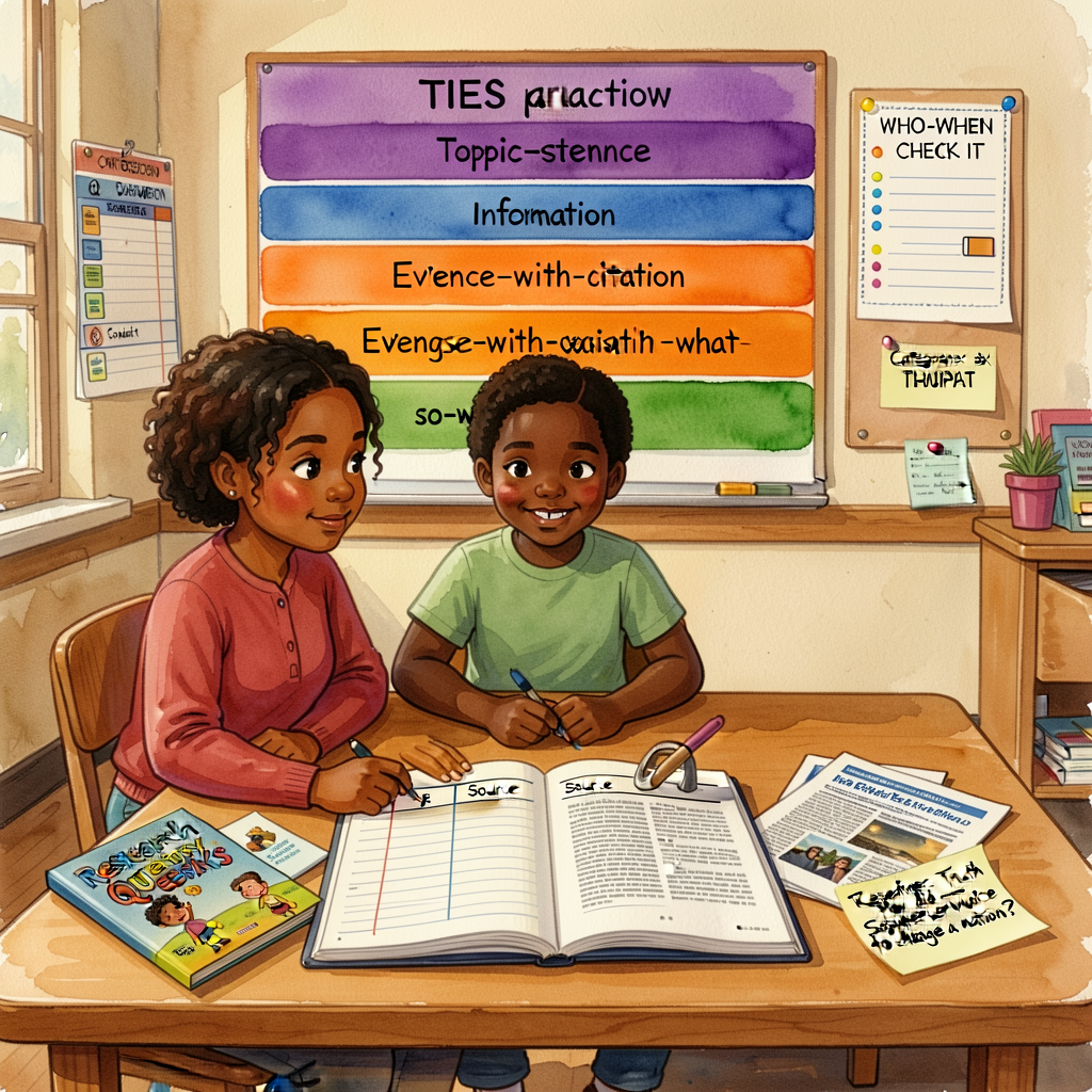 Unit-opener: a Grade-4 researcher at a researcher's-workshop table with a two-column note-taking pad open (paraphrase co