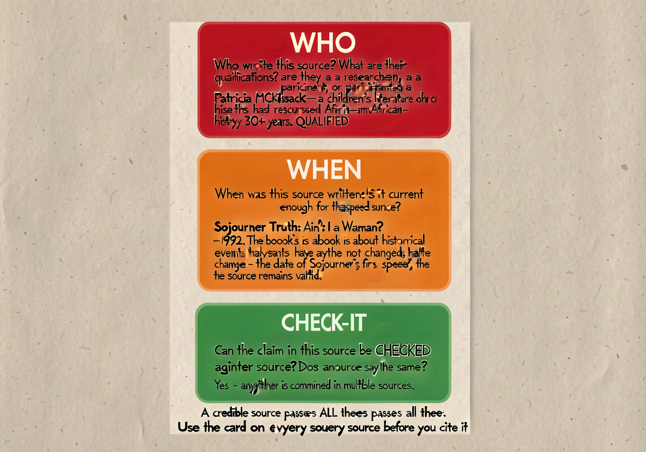 Source-evaluation 'WHO-WHEN-CHECK-IT' anchor: 3 questions arranged on a vertical card with example responses. WHO (red, 