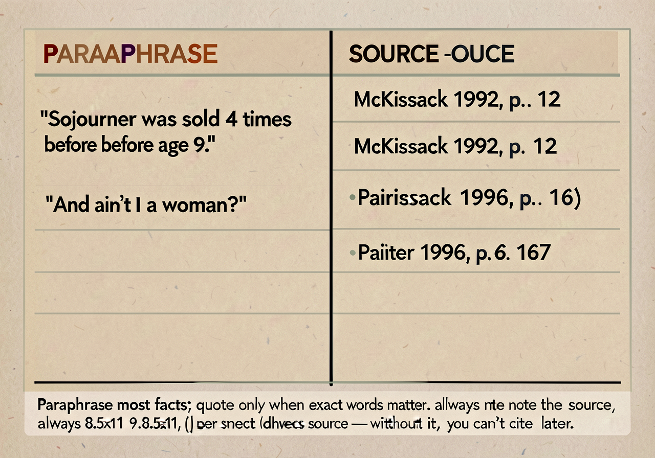 Two-column note-taking template: vertical line divides page into two columns. LEFT COLUMN (wider, ~60%): PARAPHRASE — th