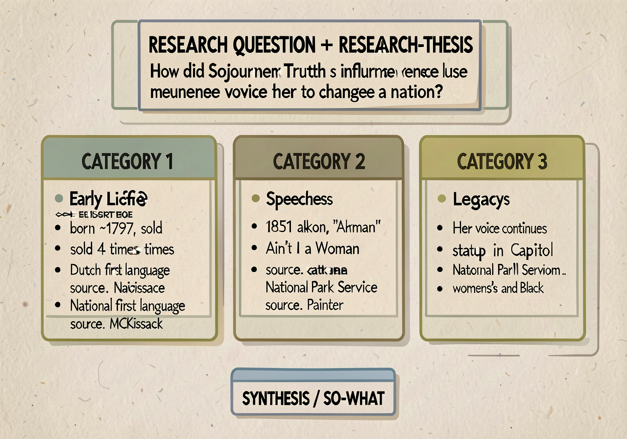 Category-boxes-and-bullets planner anchor (research-mode adaptation): one large box at top labeled RESEARCH QUESTION + R