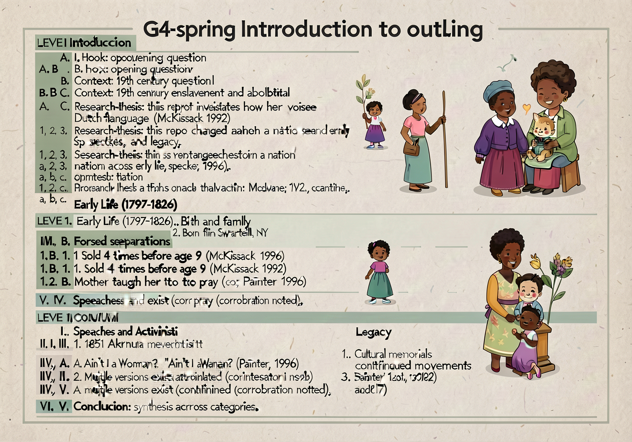 Simple outline template (G4-spring introduction to outlining): hierarchical structure with 4 levels. LEVEL 1 (I., II., I