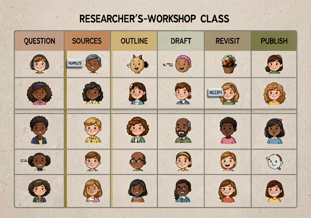 Researcher's-workshop status-of-class wall chart: 8-column grid QUESTION | SOURCES | NOTES | OUTLINE | DRAFT | REVISE | 