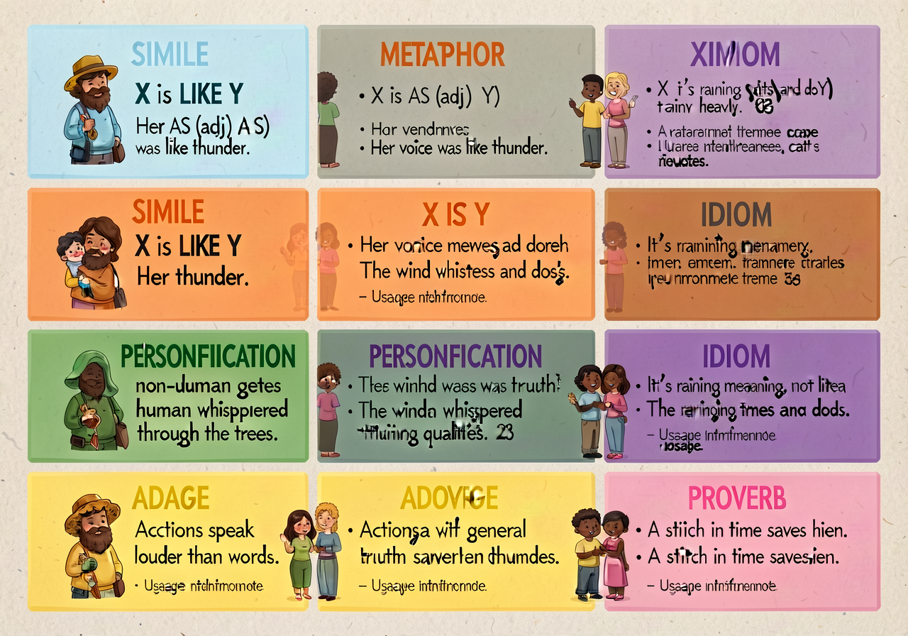 Figurative-language full anchor: 6-band card with each figurative type. SIMILE (light blue): 'X is LIKE Y' / 'X is AS [a