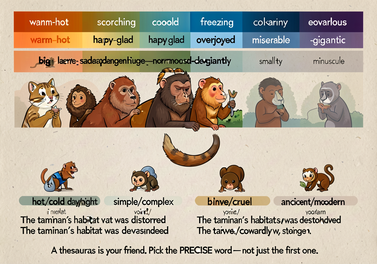 Synonym-gradient and antonym anchor: TOP SECTION — synonym gradient strips for 6 word-families: warm-hot-scorching, cool