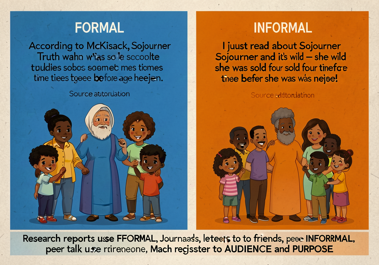 Formal/informal register anchor: 2-column side-by-side card. FORMAL (left, blue panel) — features: precise vocabulary, c