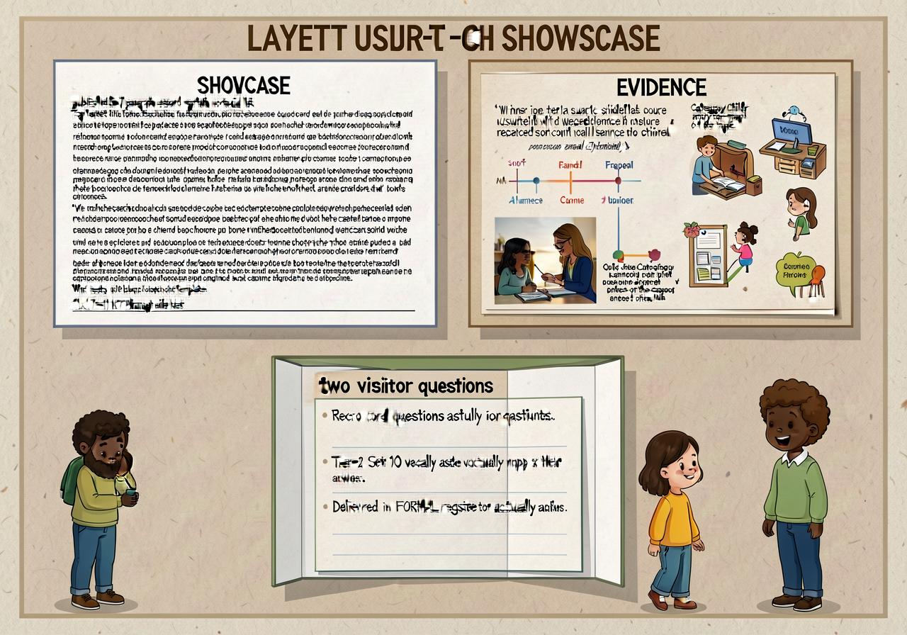 Researcher's-Showcase planning poster: a 3-section card showing the LAYOUT each child uses for the Showcase — TOP LEFT: 