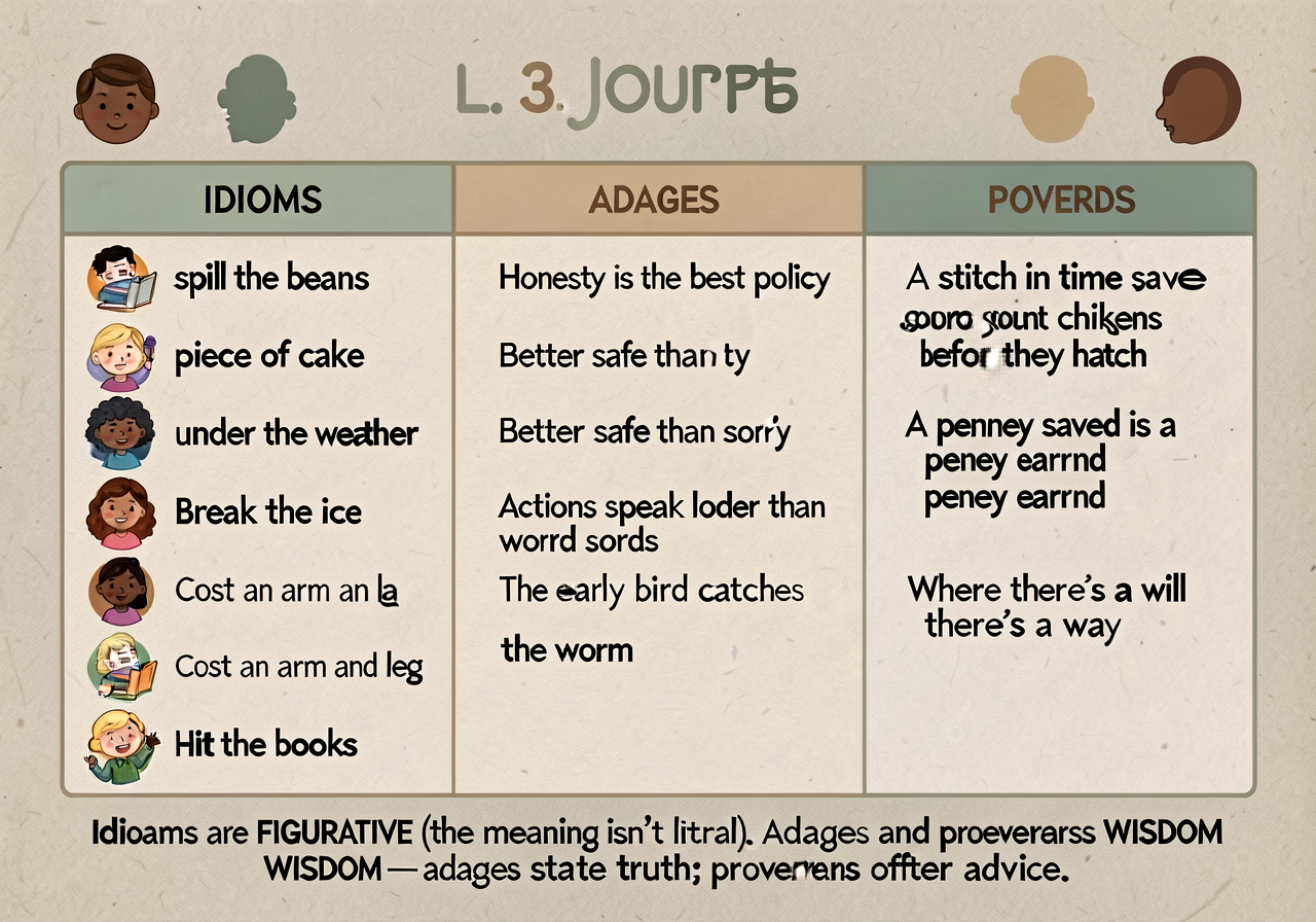 Idiom-adage-proverb sort anchor (L.4.5.b): 3-column sort board. IDIOMS column: 'spill the beans', 'piece of cake', 'unde
