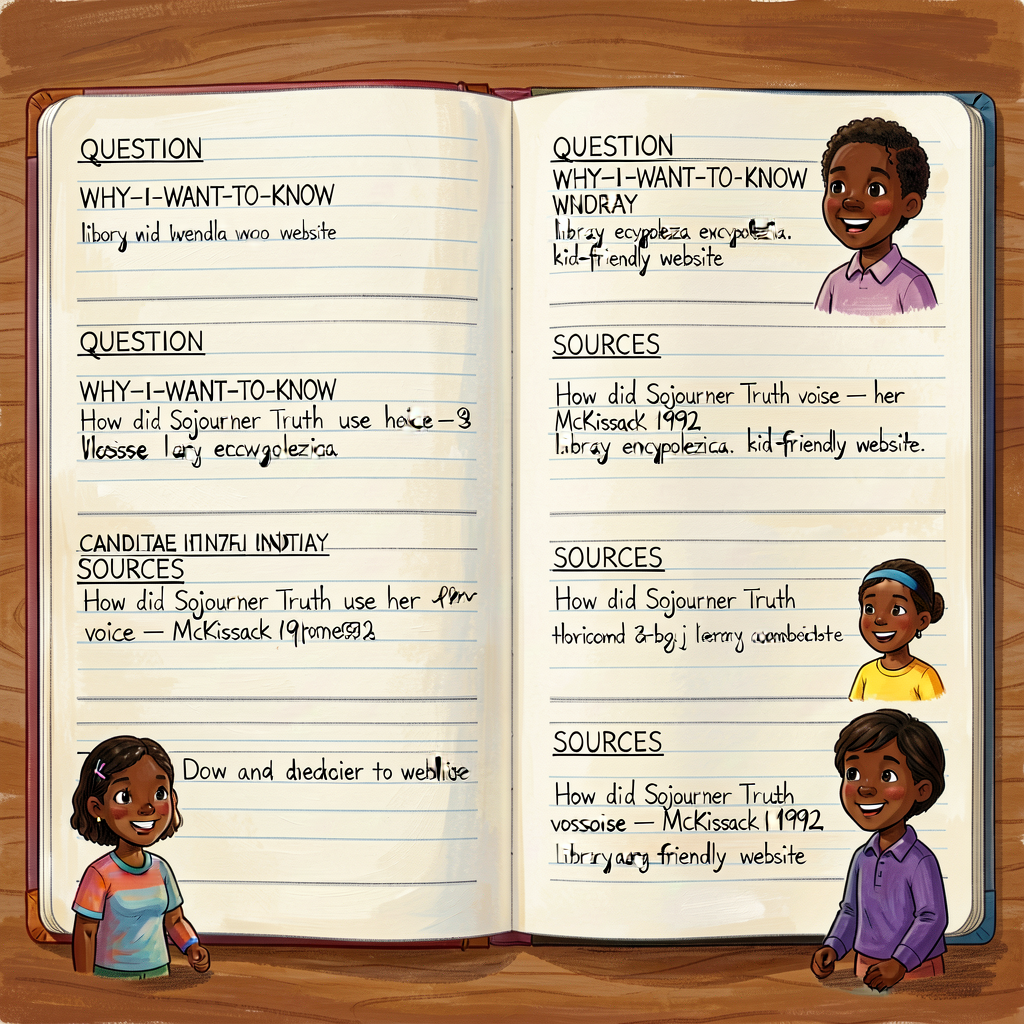 Reference image of a completed Grade-4 research-question inventory: a 2-page notebook spread with 5 entries handwritten 