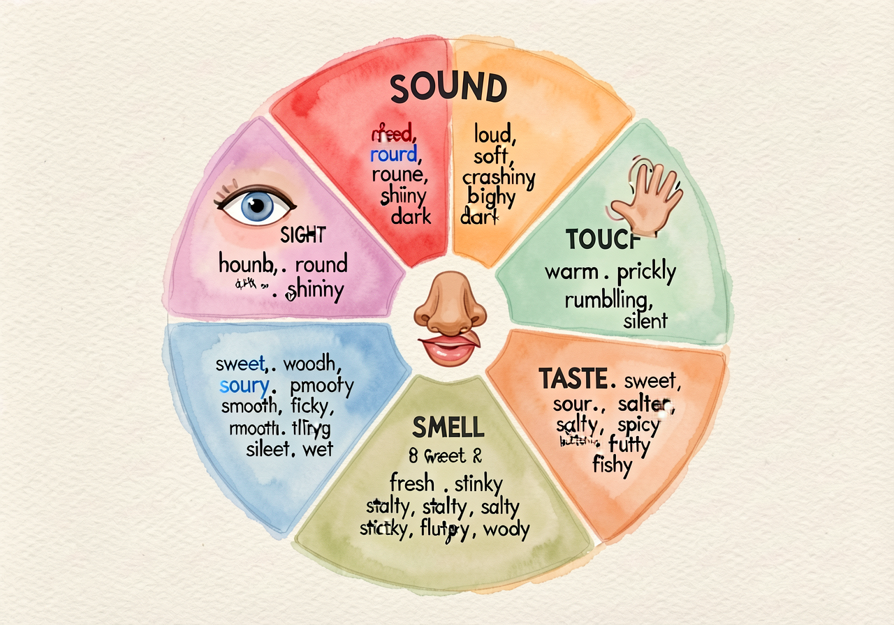 Large round poster, divided into five pie slices labeled SIGHT (eye icon), SOUND (ear icon), TOUCH (hand icon), SMELL (n