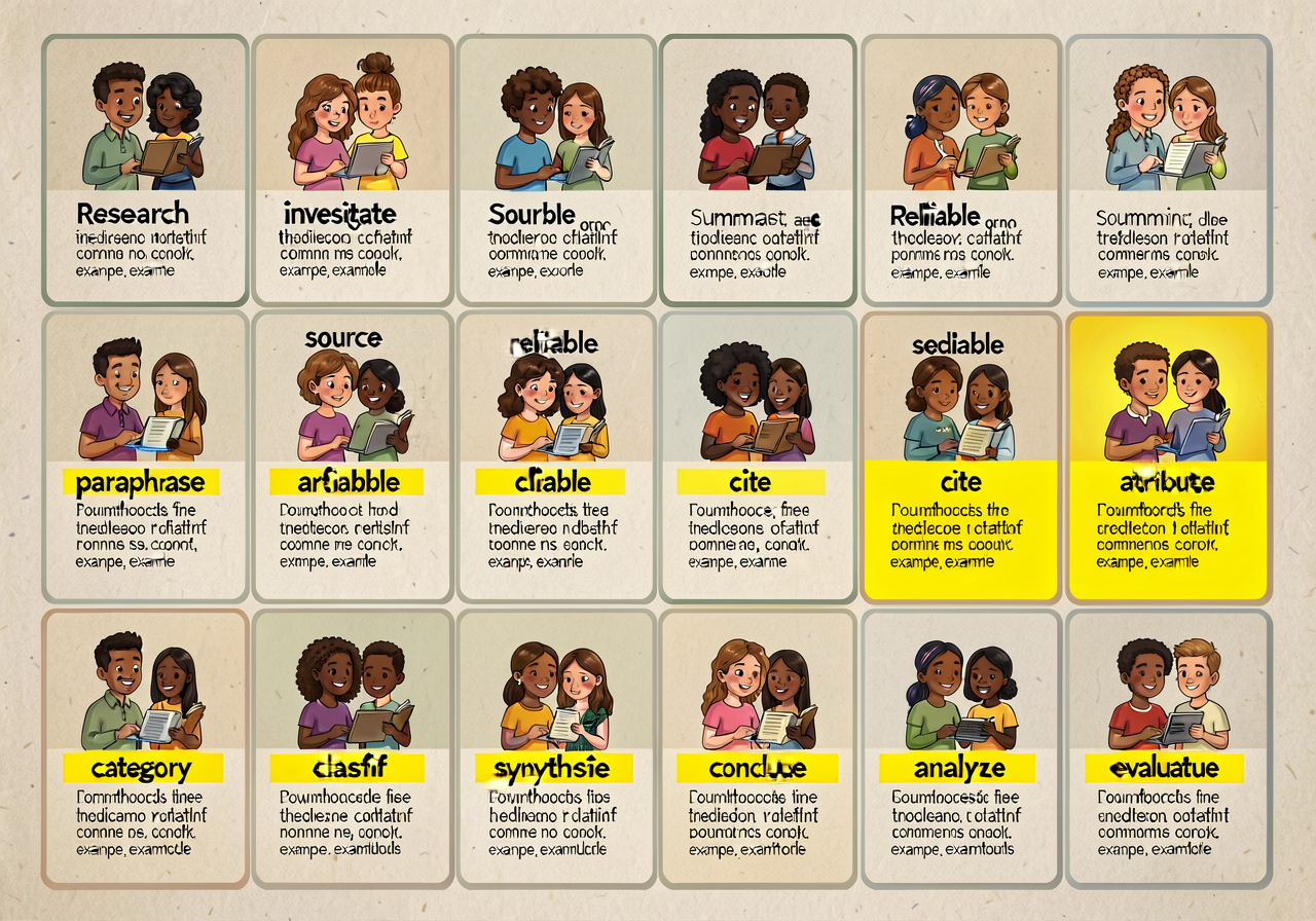 11x17 anchor showing all 15 Set 10 words (research, investigate, source, credible, reliable, paraphrase, summarize, cite