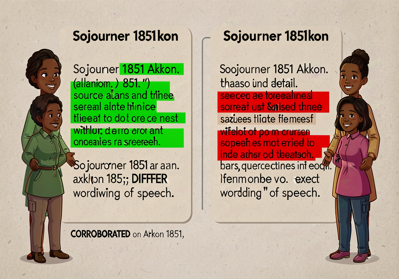 11x17 anchor showing two source passages side-by-side on the same fact (Sojourner 1851 Akron). Matching claim highlighte