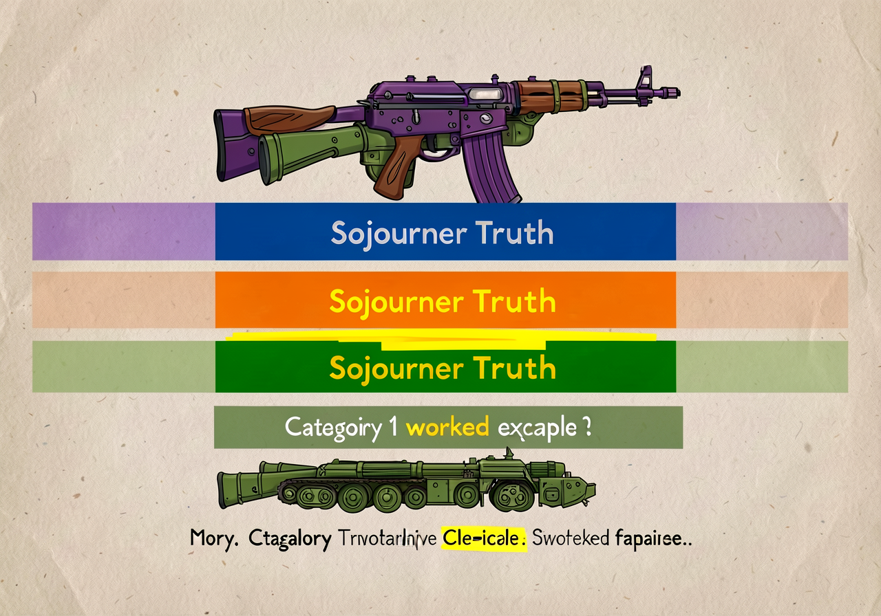 Reproduction of MG-3 at 11x17: 4 stacked bands (purple/blue/orange/green) with the Sojourner Truth Category 1 worked exa