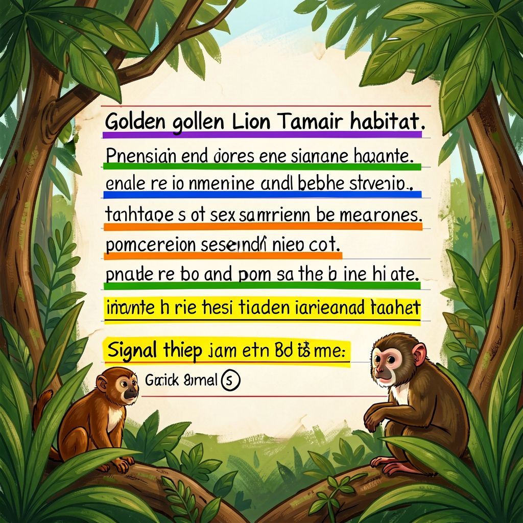 Reference image of a Grade-4 TIES paragraph (handwritten) on a research topic 'golden lion tamarin habitat' with each se