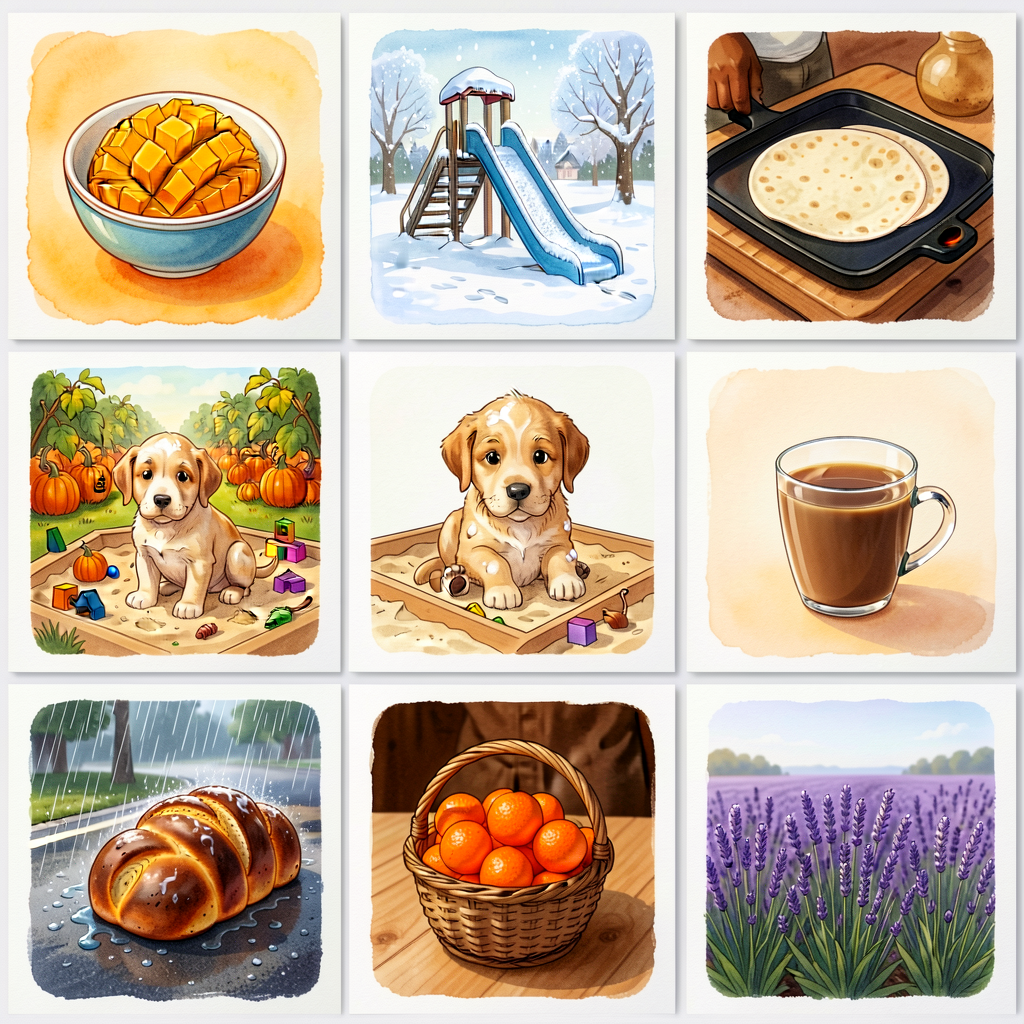 Set of 12 8x10 photo prompts, each on its own card. Subjects span sensory richness and cultural diversity: (1) bowl of m
